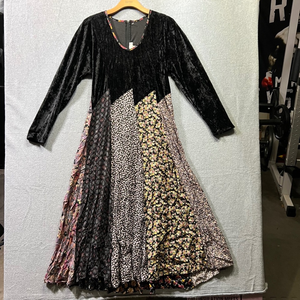 Vintage Boho Hippie Fairycore Velvet Patchwork Floral Maxi Dress Womens Small